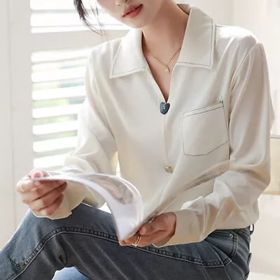 Women Fall Long Sleeve Chiffon Pocket Vintage Casual Loose Work Shirt Blouse Top • $10.82