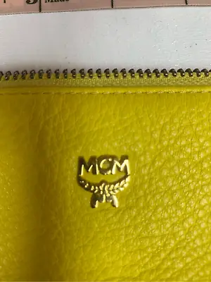 MCM Women's Yellow Gold Tone Logo Leather Top Zip Closure Make Up Travel Pouch • $87