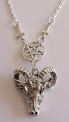 Gothic Pentagram Sheep Skull Necklace 3D Skull Pendant Inverted Crosses  22   • £10.99