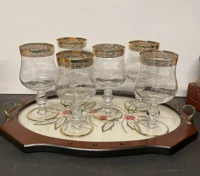Vintage Murano Medici Engraved Crystal Wine Glasses W/ Gold Rim - Set Of 6 • $115.99
