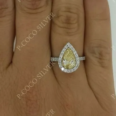 3Ct Pear Cut Simulated Canary Yellow Diamond Halo 925 Sterling Gold Plated Ring • £81.37