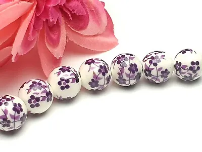 20 X Dutch Beads / Ceramic Porcelain Beads With Purple Flowers Pattern 12mm • £5.10