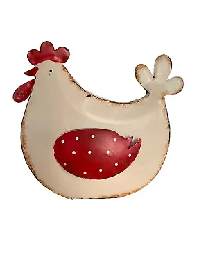 Metal Hen Cream Red Rustic Kitchen Hand Painted Country Shabby Decorative Charm • £8.99