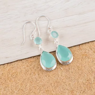 $13.95 • Buy Natural Chalcedony Gemstone Earrings Aqua 925 Sterling Silver Indian Jewelry