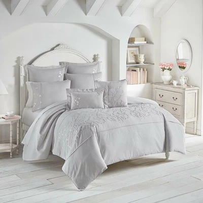 $333.99 • Buy Cherry Blossom Cherie Full Queen Comforter Set Grey White Floral Embroidery 3Pc