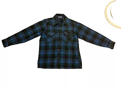 Pendleton Loop Flap Wool Flannel Mens M USA Plaid Board Vintage Blue Green • $44.99