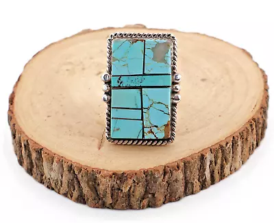 Authentic Native American Number 8 Turquoise Inlaid Sterling Silver Ring Sz 13US • $350