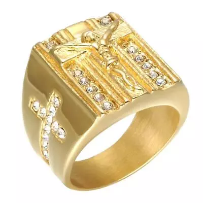 Mens Stainless Steel Gold Plated CZ Jesus Cross Crucifix Ring Size 7 8-13 • $8.59