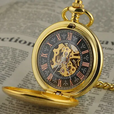 Mens Vintage Mechanical Pocket Watch With Chain Luxury Gold Case Hand Wind • $19.18