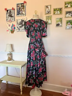 Vintage 80s Black Floral Rose Puff Sleeve Drop Waist Dress S/M • $48