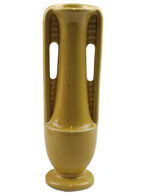 MCM Vintage Art Deco Shawnee Pottery Double Handle Bud Vase - Yellow - 8  Tall • $16.99