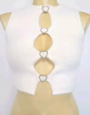 Bershka New Woman Halter Crop Fuzzy Top With Rhinestone Heart White Ivory S • $20