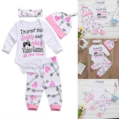 £9.99 • Buy Newborn Baby Girl Outfits Romper Jumpsuit Print Pants Headband Hat Clothes Set