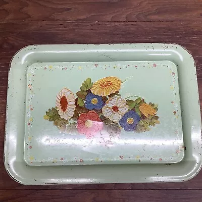 Vintage 4 METAL TRAYS Green Floral FLOWERS 17.5”x13” Breakfast LAP SERVING Tray • $12.75