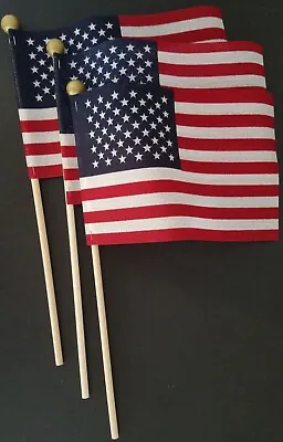 American Mini-USA Flags 4”X6” On 10” Sticks W Gold Ball Top  3 Flags/Pk • $2.99