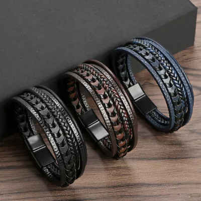 Fashion Men's Multilayer Leather Rope Braided Bracelet Titanium Steel Buckle • £6.89