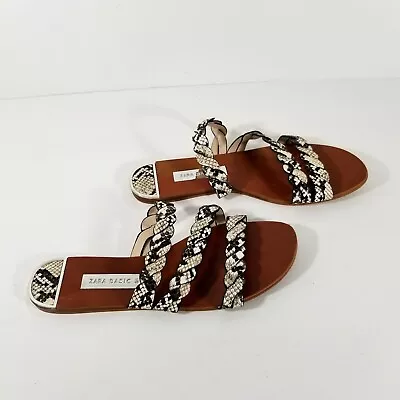 Zara Basic Sandals Women's 38 Animal Snake Print Flat US Size 7 Black White • $17.99