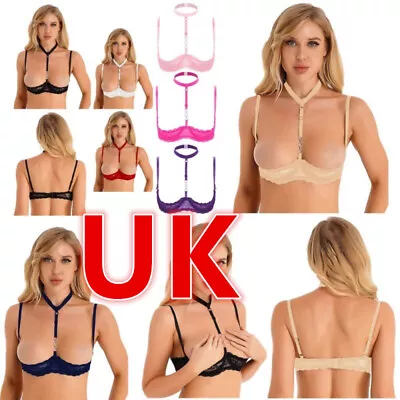 UK Women Floral Lace Bra Top 1/4 Cups Halter Neck Underwire Unlined Bralette Bra • £13.29