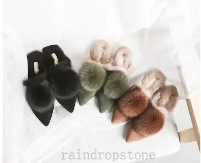 Womens Lady Mink Fur Ball Pointy Toe Slippers Rabbit Fur Lined Mules Loafers NEW • $49.15