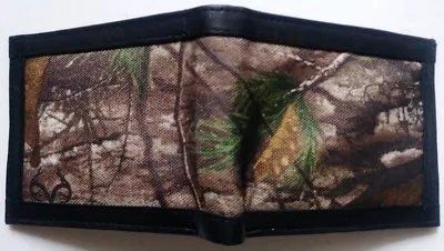 Men's Realtree RFID Blocking CAMO Canvas REAL LEATHER Black Bi-fold Slim Wallet • $13.97