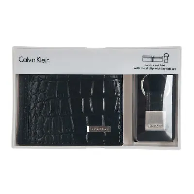 Calvin Klein Men's Leather Key Fob Set Faux Crocodile Black Fold Wallet 7962696 • $30.40