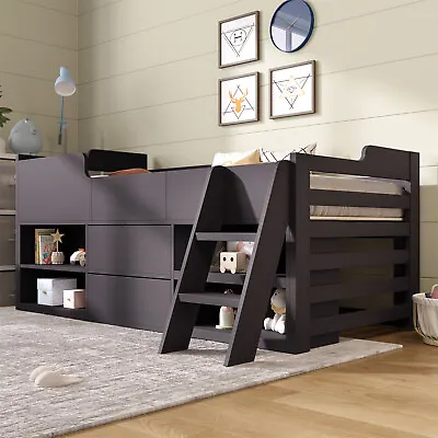 Kids Wooden Cabin Bed Mid Sleeper Bed Frame Storage Bed With Drawers And Shelves • £279.99