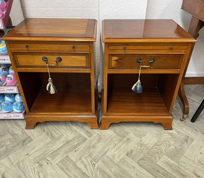 £110 • Buy PAIR Reproduction Regency Yew Veneer Bedside Lamp Table Pull Out Self