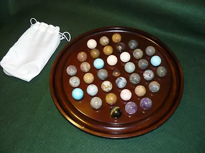 13.5  BOMBAY 1994 Round Wood Solitaire Board Game Set W/36 Natural Stone Marbles • $45