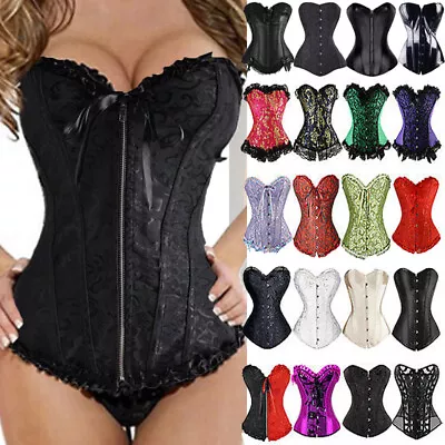 UK Sexy Floral Burlesque Basques Overbust Lace Up Corset Bustier Plus Size 6-24 • £21.79