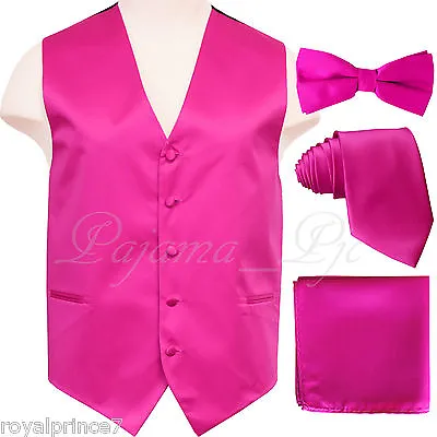 FUCHSIA 10-C New Men's Suit Vest Waistcoat And Neck Tie Bow Tie & Hanky Wedding • $23.29