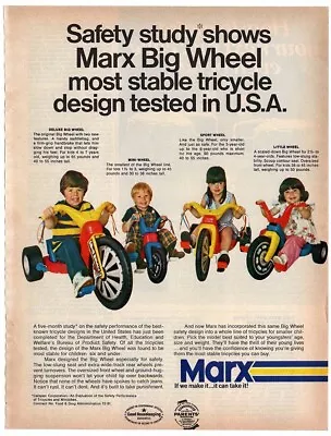 Vintage 1970s Mag Print Ad MARX Big Wheel Safest Tricycle In USA Nostalgic Toy • $7