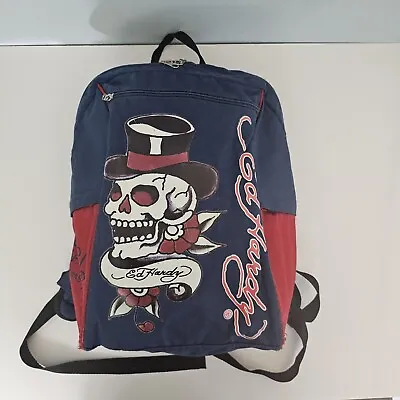 Don Ed Hardy Skull With Top Hat Backpack Bag Blue & Red Unisex • $14.85