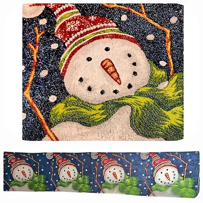 Vintage Snowman Tapestry Table Runner Blue Silver Metallic Threads  12x72  • $40.95