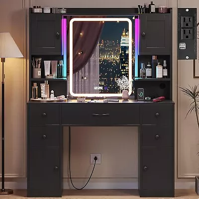 LED Makeup Vanity W/Drawers & Charging Station Vanity Desk Dressing Table Black • $259.89