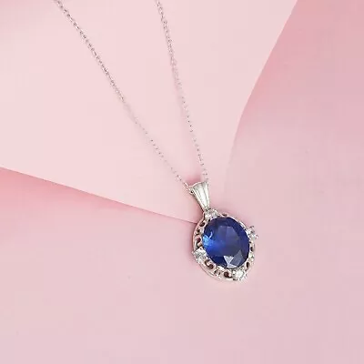 2.00Ct Oval Cut Lab Created Blue Sapphire Women's Pendant 14K White Gold Plated • $84.50