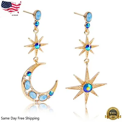 $4.09 • Buy 925 Silver Plated Sun Moon Star Dangle Drop Earrings Women Jewelry Simulated