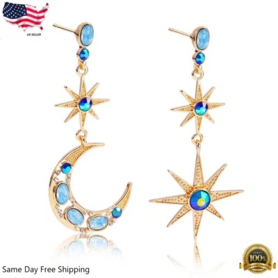 $4.09 • Buy 925 Silver Plated Sun Moon Star Dangle Drop Earrings Women Jewelry Simulated