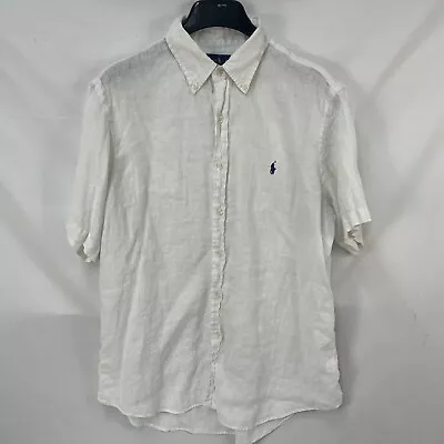 Mens Ralph Lauren White Linen S/s Button Shirt Size L Navy Pony • $39.99