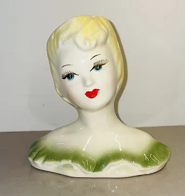 Vintage Glamour Girl Lady Head Vase 1960s Blonde Green Dress Blue Eyes • $32