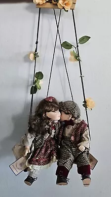 Vintage Kissing Boy And Girl Porcelain Dolls Sitting On Swing Matching Outfits • $45