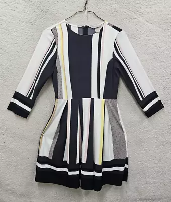 H M Women Dress 4 White Striped 100%Polyester Long Sleeve Fit Flared Knee Length • $13.49