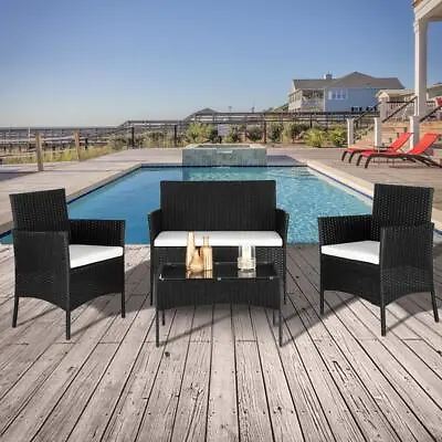 4 PCS Outdoor Patio PE Rattan Wicker Table Set Sofa Furniture W/ Cushion Black • $145.99