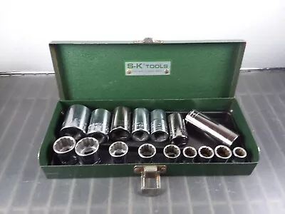Vintage S-K Tools Green Metal Box 8 3/4   X 3 5/8   With 16 Craftsman Sockets • $49.99