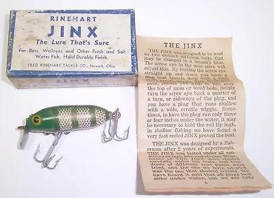 Vintage Rinehart Jinx Fishing Lure Green Striped W/ Box & Paper Work • $12.50