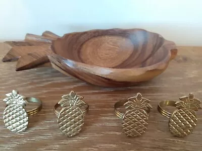 $14 • Buy Pineapple Lot - Brass Napkin Rings And Acacia Wood Bowl 
