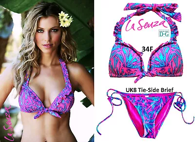 La Senza Hot Pink & Aqua Triangle Padded Push-up Halter Bikini Set 34F & 8 Brief • £29