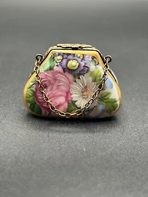 Vintage Limoges France Floral Purse Handbag W/ Chain Trinket Box Figurine • $74.95