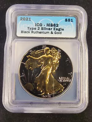 2021 MS62 Black Ruthenium And Gold Gilded American Silver Eagle 999 Coin ICG • $55