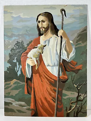 1950’s Vintage Completed Paint By Number Jesus The Good Shepherd W/Lamb Art • $29.87