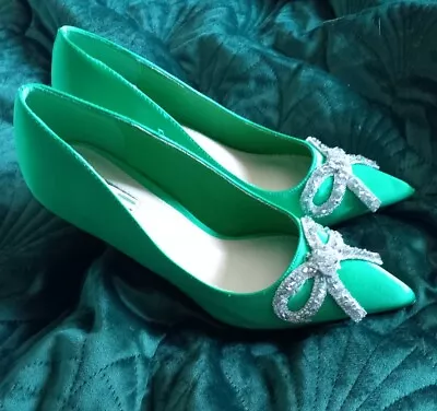 Stunning Occasion Shoes Size 6 By LINZI  SATIN EMERALD GREEN With SILVER BOW  • £5.50